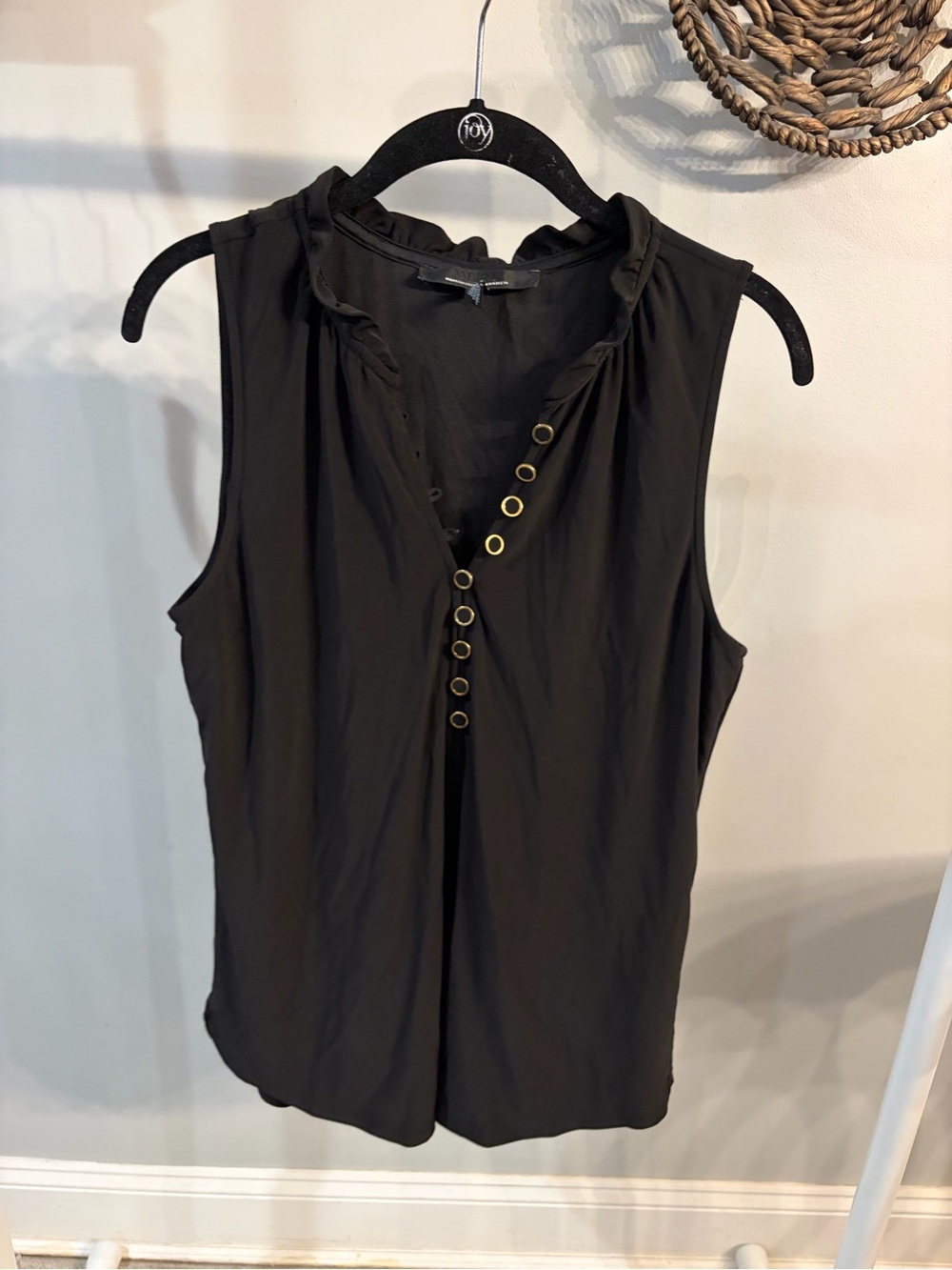 White House Black Market Black Sleeveless Eyelet-Front Blouse - gold accents -M